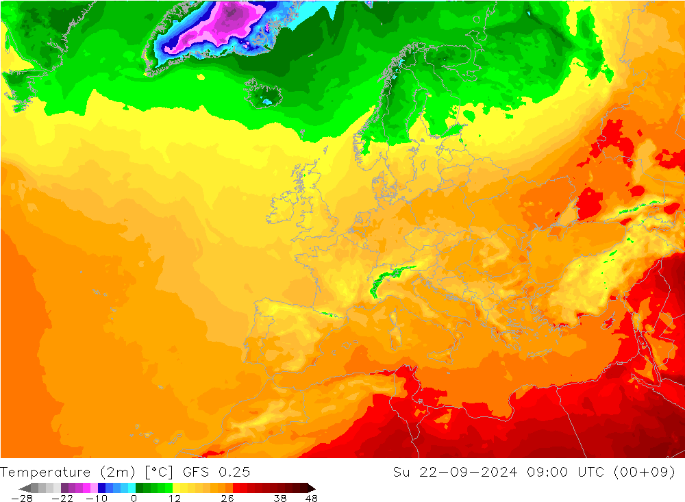 Temperatuurkaart (2m) GFS 0.25 zo 22.09.2024 09 UTC