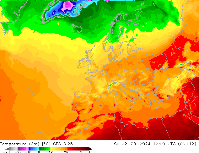 温度图 GFS 0.25 星期日 22.09.2024 12 UTC