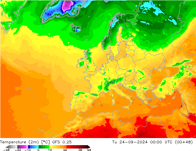 Temperature (2m) GFS 0.25 Tu 24.09.2024 00 UTC