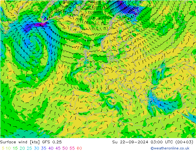 Surface wind GFS 0.25 Su 22.09.2024 03 UTC