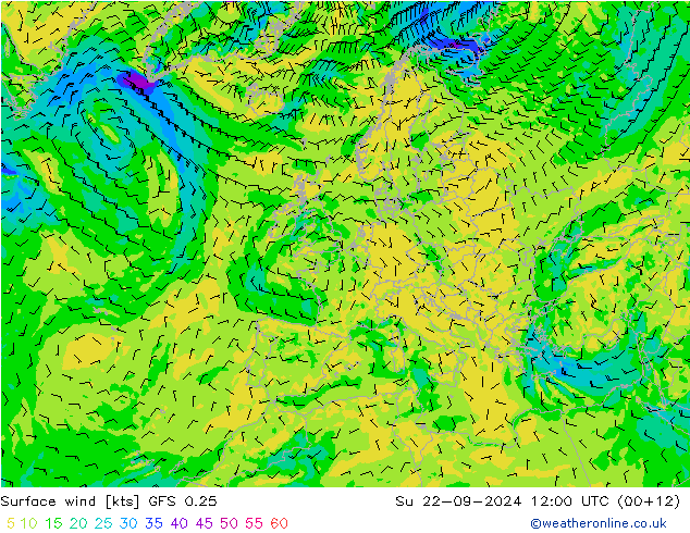 Wind 10 m GFS 0.25 zo 22.09.2024 12 UTC