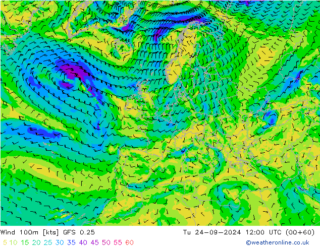 Wind 100m GFS 0.25 Di 24.09.2024 12 UTC