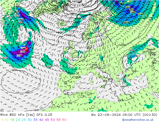 Wind 850 hPa GFS 0.25 Mo 23.09.2024 06 UTC