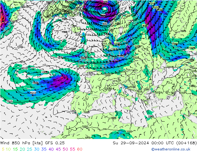 Wind 850 hPa GFS 0.25 zo 29.09.2024 00 UTC