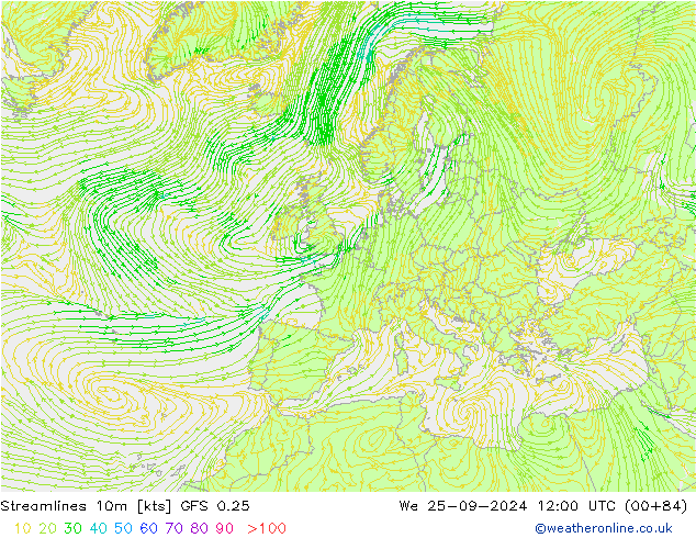 Stromlinien 10m GFS 0.25 Mi 25.09.2024 12 UTC