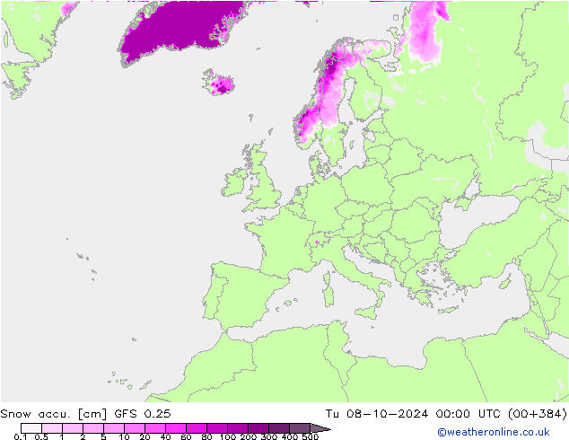 Totale sneeuw GFS 0.25 di 08.10.2024 00 UTC