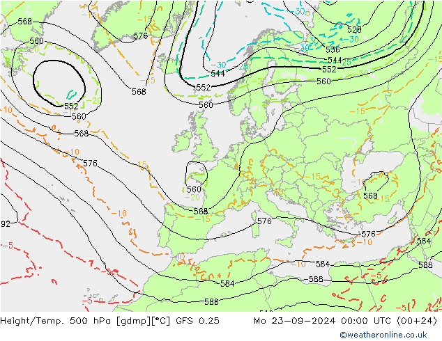 Z500/Rain (+SLP)/Z850 GFS 0.25 lun 23.09.2024 00 UTC