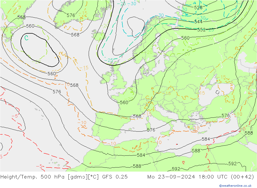 Z500/Rain (+SLP)/Z850 GFS 0.25 Mo 23.09.2024 18 UTC