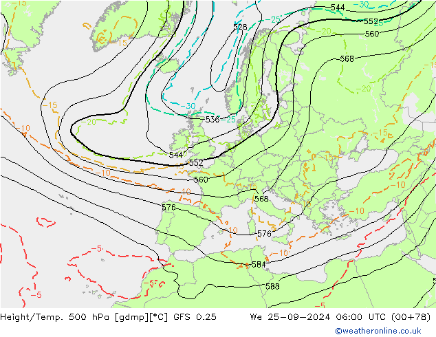 Z500/Rain (+SLP)/Z850 GFS 0.25 Mi 25.09.2024 06 UTC