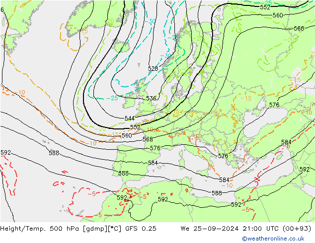 Z500/Regen(+SLP)/Z850 GFS 0.25 wo 25.09.2024 21 UTC