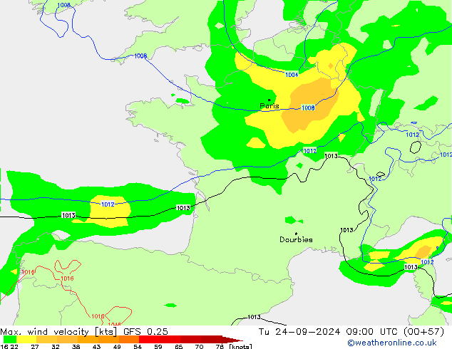 Max. wind velocity GFS 0.25 Út 24.09.2024 09 UTC