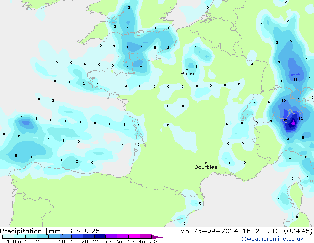 Precipitation GFS 0.25 Mo 23.09.2024 21 UTC