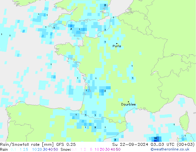 Regen/Sneeuwval GFS 0.25 zo 22.09.2024 03 UTC