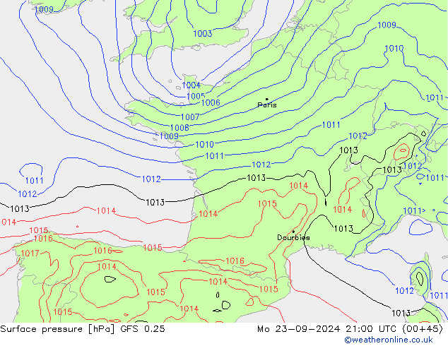 Surface pressure GFS 0.25 Mo 23.09.2024 21 UTC