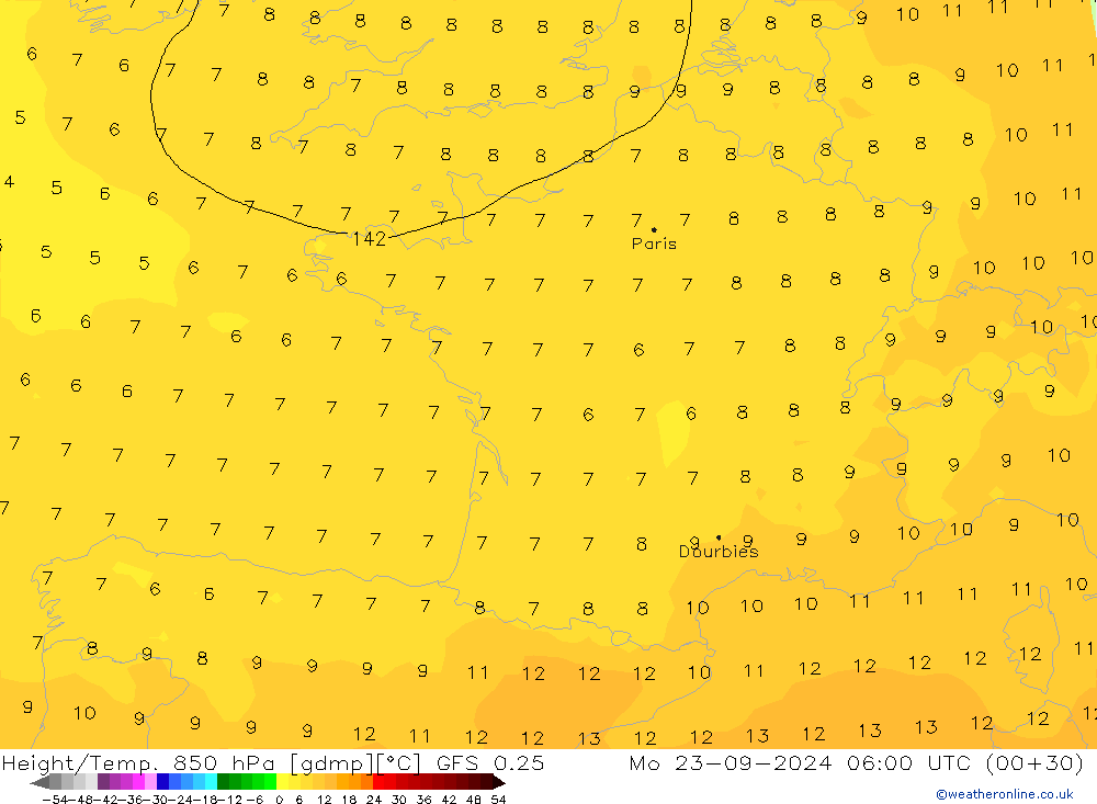 Height/Temp. 850 hPa GFS 0.25 Mo 23.09.2024 06 UTC