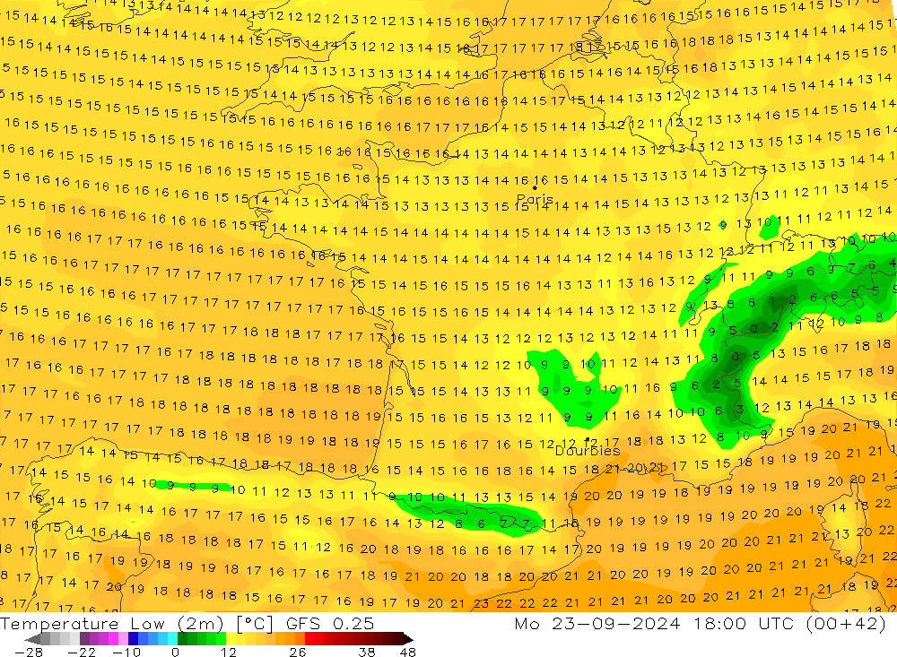 Nejnižší teplota (2m) GFS 0.25 Po 23.09.2024 18 UTC