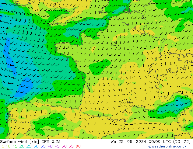 Surface wind GFS 0.25 We 25.09.2024 00 UTC