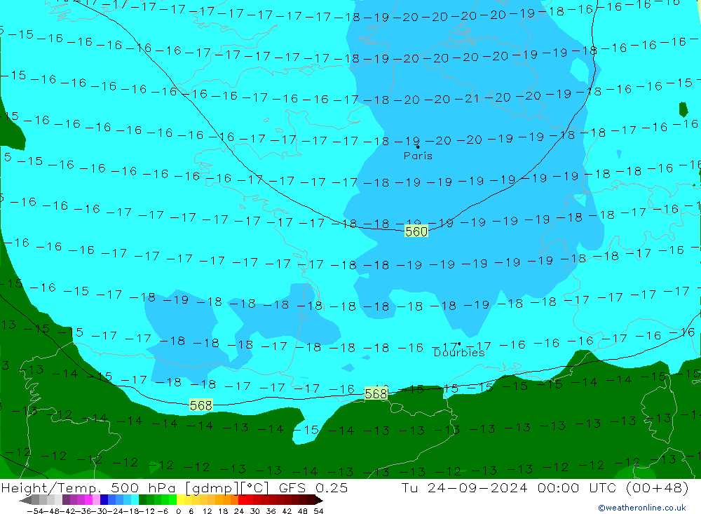 Height/Temp. 500 hPa GFS 0.25 Di 24.09.2024 00 UTC