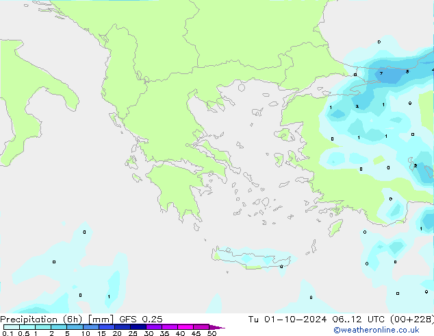 Precipitation (6h) GFS 0.25 Tu 01.10.2024 12 UTC