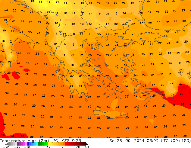 Temperature High (2m) GFS 0.25 Sa 28.09.2024 06 UTC