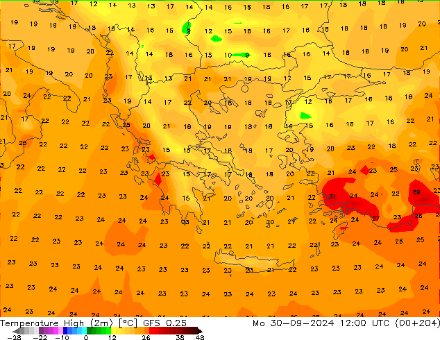 Temperature High (2m) GFS 0.25 Mo 30.09.2024 12 UTC