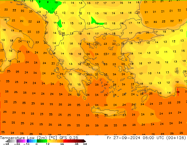 Temperatura mín. (2m) GFS 0.25 vie 27.09.2024 06 UTC