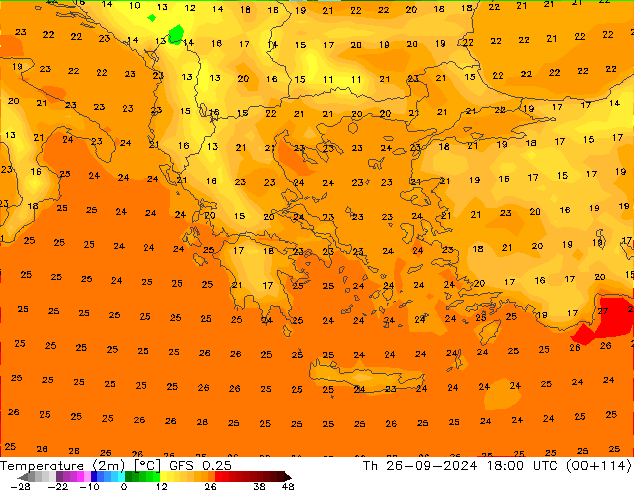 Sıcaklık Haritası (2m) GFS 0.25 Per 26.09.2024 18 UTC