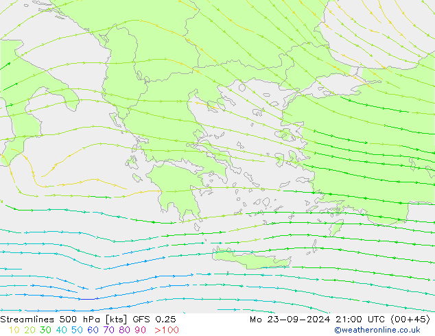 Streamlines 500 hPa GFS 0.25 Po 23.09.2024 21 UTC