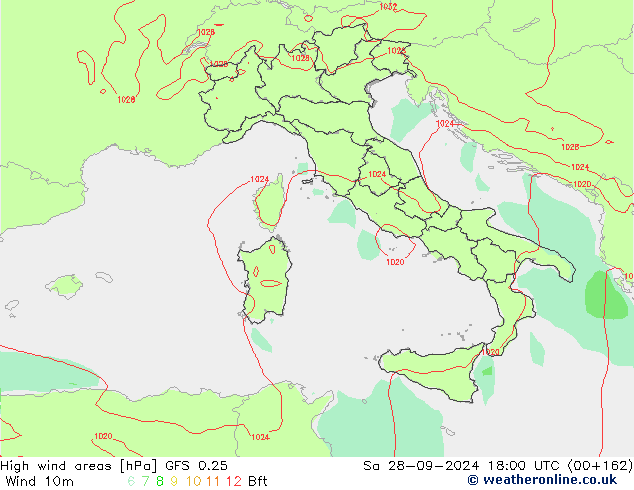 yüksek rüzgarlı alanlar GFS 0.25 Cts 28.09.2024 18 UTC