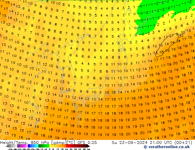 Height/Temp. 850 hPa GFS 0.25 So 22.09.2024 21 UTC