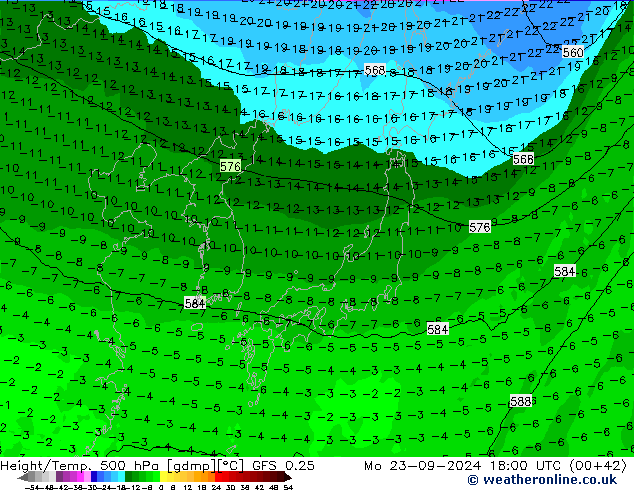 Z500/Rain (+SLP)/Z850 GFS 0.25 Po 23.09.2024 18 UTC