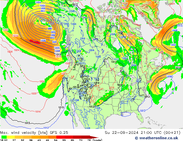 Max. wind velocity GFS 0.25 星期日 22.09.2024 21 UTC