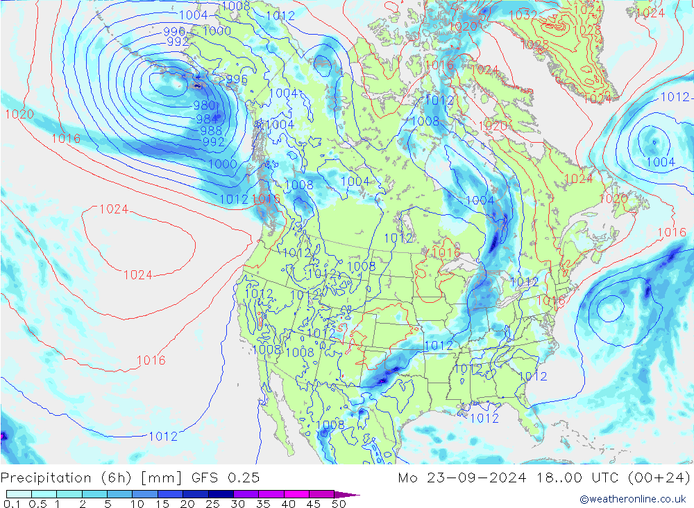 Z500/Rain (+SLP)/Z850 GFS 0.25 пн 23.09.2024 00 UTC