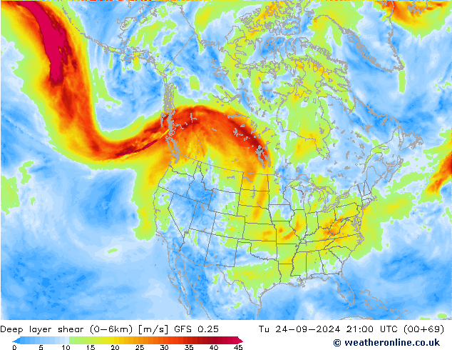 Deep layer shear (0-6km) GFS 0.25 Tu 24.09.2024 21 UTC