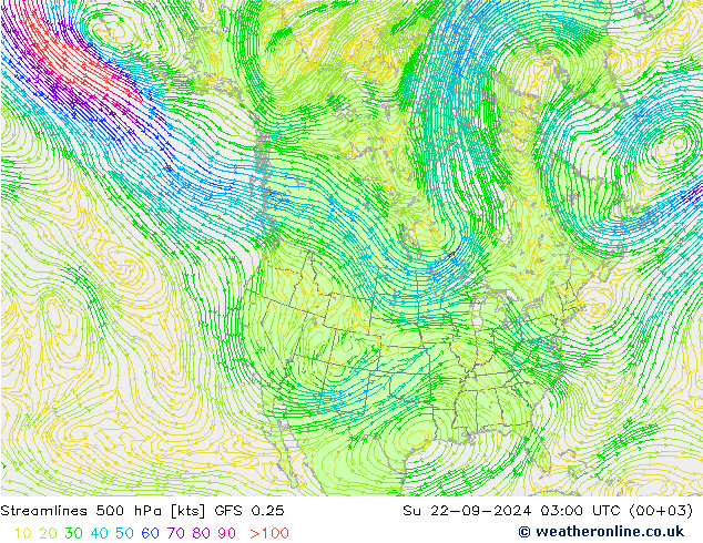 Streamlines 500 hPa GFS 0.25 Su 22.09.2024 03 UTC