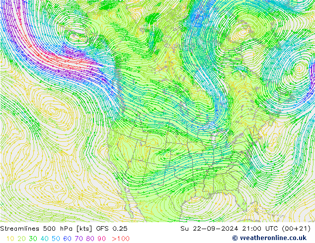 风 500 hPa GFS 0.25 星期日 22.09.2024 21 UTC