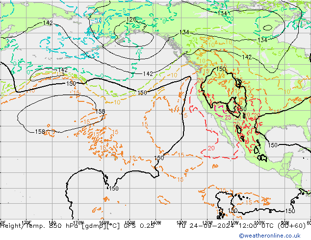 Z500/Yağmur (+YB)/Z850 GFS 0.25 Sa 24.09.2024 12 UTC