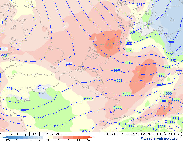 SLP tendency GFS 0.25 Th 26.09.2024 12 UTC