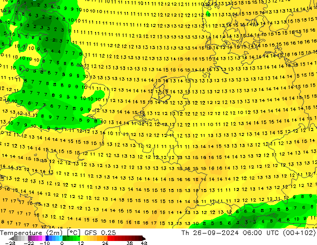 Temperature (2m) GFS 0.25 Th 26.09.2024 06 UTC