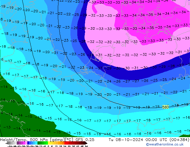 Z500/Rain (+SLP)/Z850 GFS 0.25 Út 08.10.2024 00 UTC