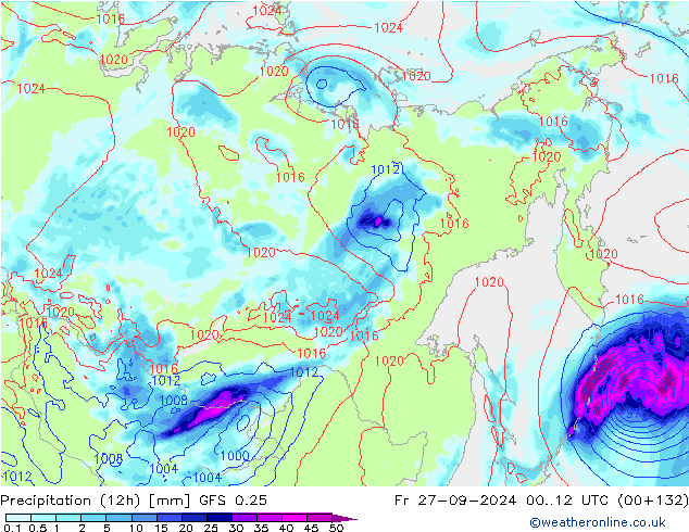 Precipitation (12h) GFS 0.25 Fr 27.09.2024 12 UTC