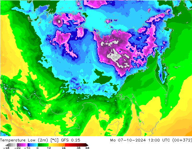 Temperature Low (2m) GFS 0.25 Mo 07.10.2024 12 UTC