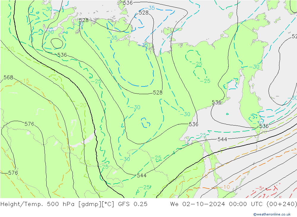 Z500/Rain (+SLP)/Z850 GFS 0.25 We 02.10.2024 00 UTC