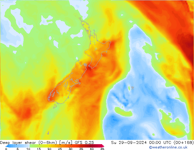 Deep layer shear (0-6km) GFS 0.25 Su 29.09.2024 00 UTC