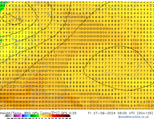 Hoogte/Temp. 850 hPa GFS 0.25 vr 27.09.2024 06 UTC