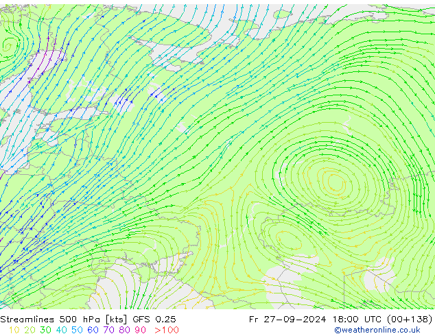 Streamlines 500 hPa GFS 0.25 Pá 27.09.2024 18 UTC