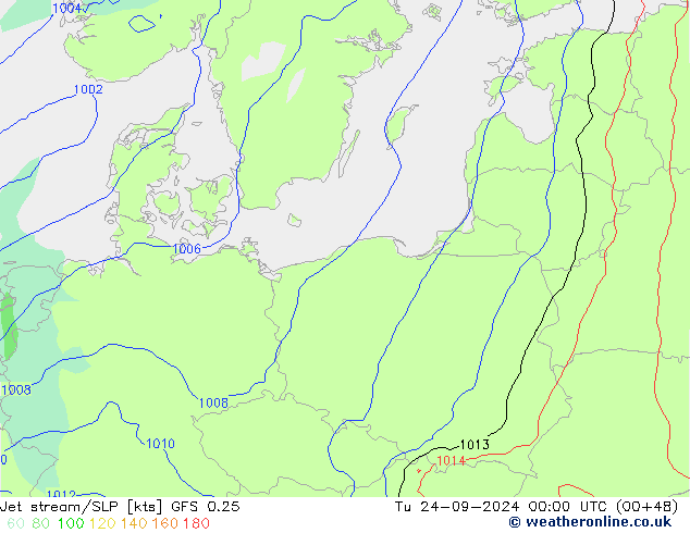 Jet stream/SLP GFS 0.25 Tu 24.09.2024 00 UTC