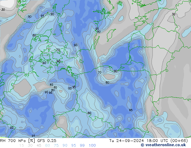 RH 700 hPa GFS 0.25 Tu 24.09.2024 18 UTC