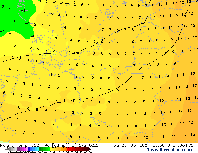 Z500/Rain (+SLP)/Z850 GFS 0.25 St 25.09.2024 06 UTC