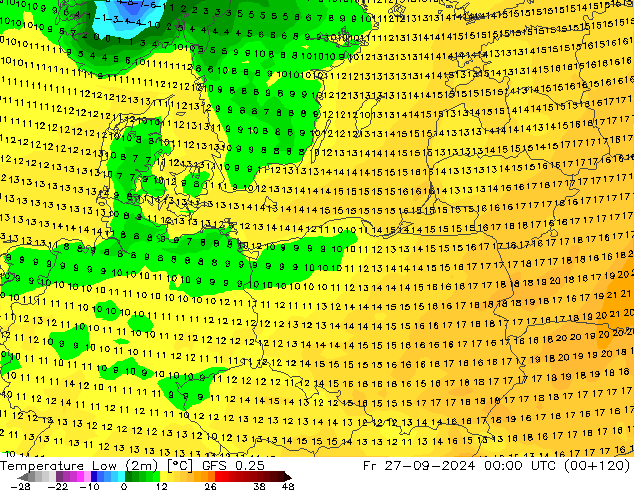 Nejnižší teplota (2m) GFS 0.25 Pá 27.09.2024 00 UTC